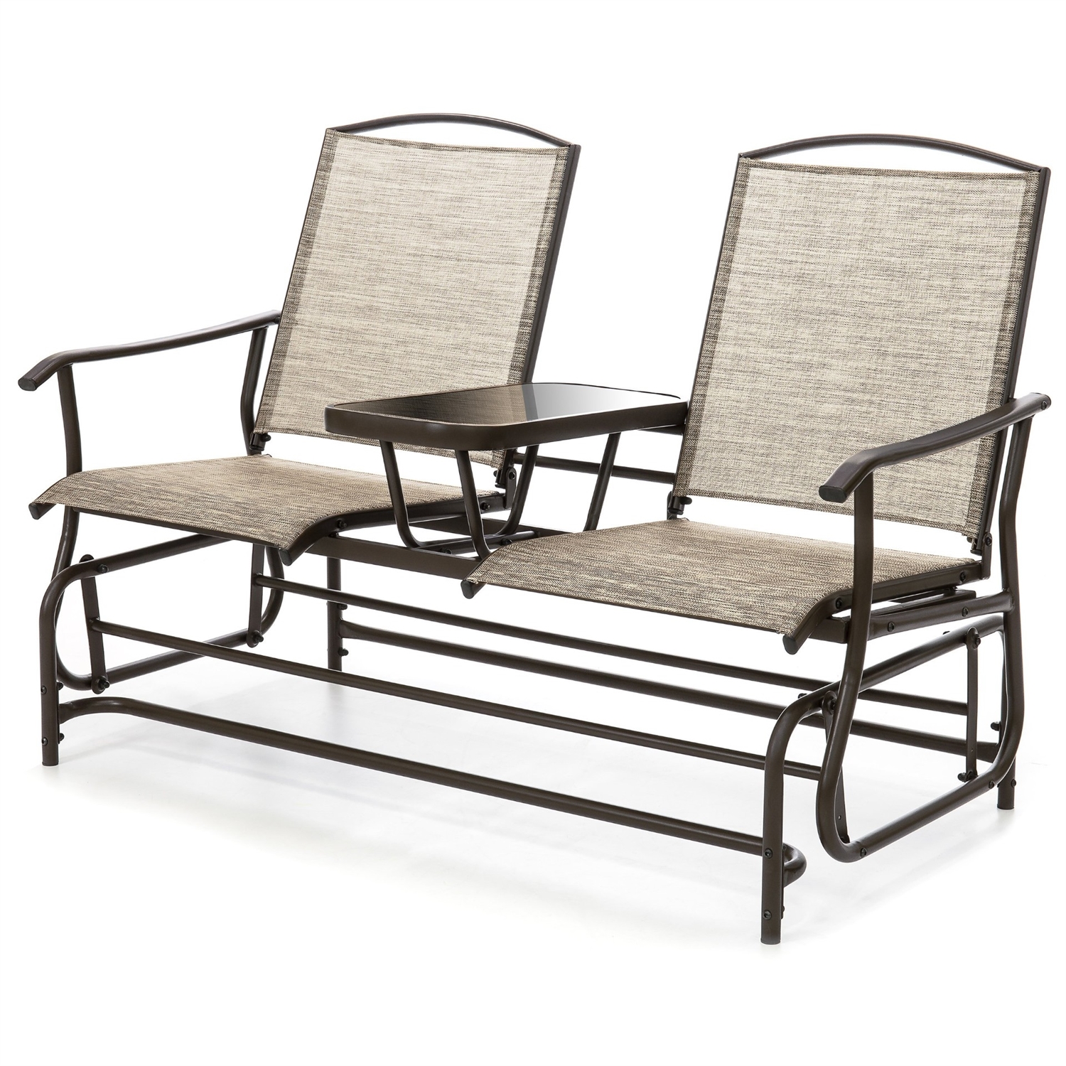Brown 2-Seater Outdoor Mesh Double Glider Tempered Glass Attached Center Table