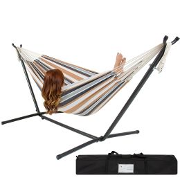 Portable Cotton Hammock in Desert Strip with Metal Stand and Carry Case