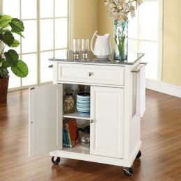 Portable White Kitchen Cart with Black Granite Top and Locking Casters Wheels