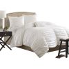 King size 4 Piece Comforter Set in Rouched White Cotton & Microsuede