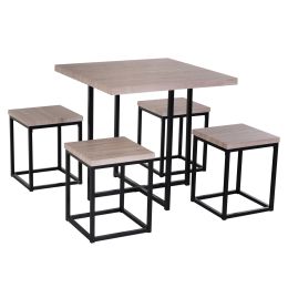 Farmhouse 5 Piece Square Natural Wood Steel Kitchen Dining Set