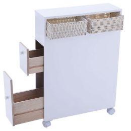White Bathroom Storage Floor Cabinet with Baskets and Casters