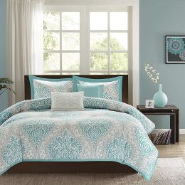 Twin / Twin XL Comforter Set in Light Blue White Grey Damask Pattern