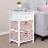 White Wooden 1-Drawer End Table Nightstand with 2 Baskets