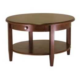 Circular Wood Coffee Table with Bottom Shelf and Drawer