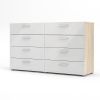 White Modern Bedroom 8-Drawer Double Dresser with Oak Finish Sides and Top