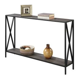 Weathered Grey Wood Console Sofa Table with Bottom Shelf and Metal Frame