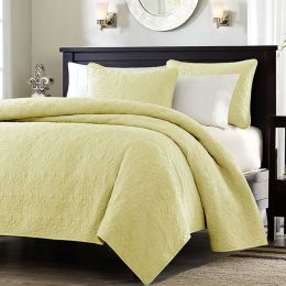 Full / Queen size Quilted Coverlet Set with 2 Shams in Yellow Microsuede Fabric